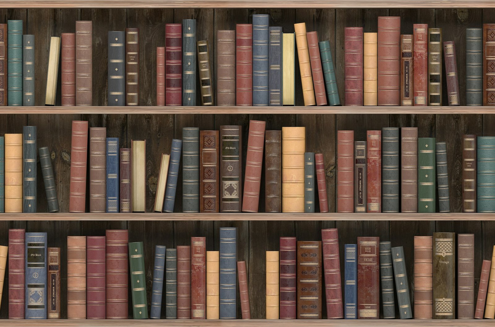 Vintage books on old wooden shelf. Old library or antique bookshop. Tiled seamless texture